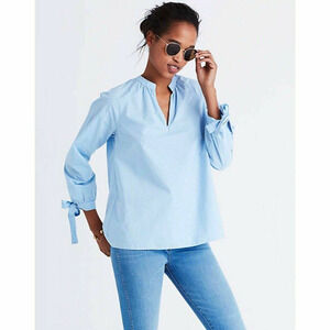 Madewell Light Blue and White Striped Popover Top with Tie Sleeves
